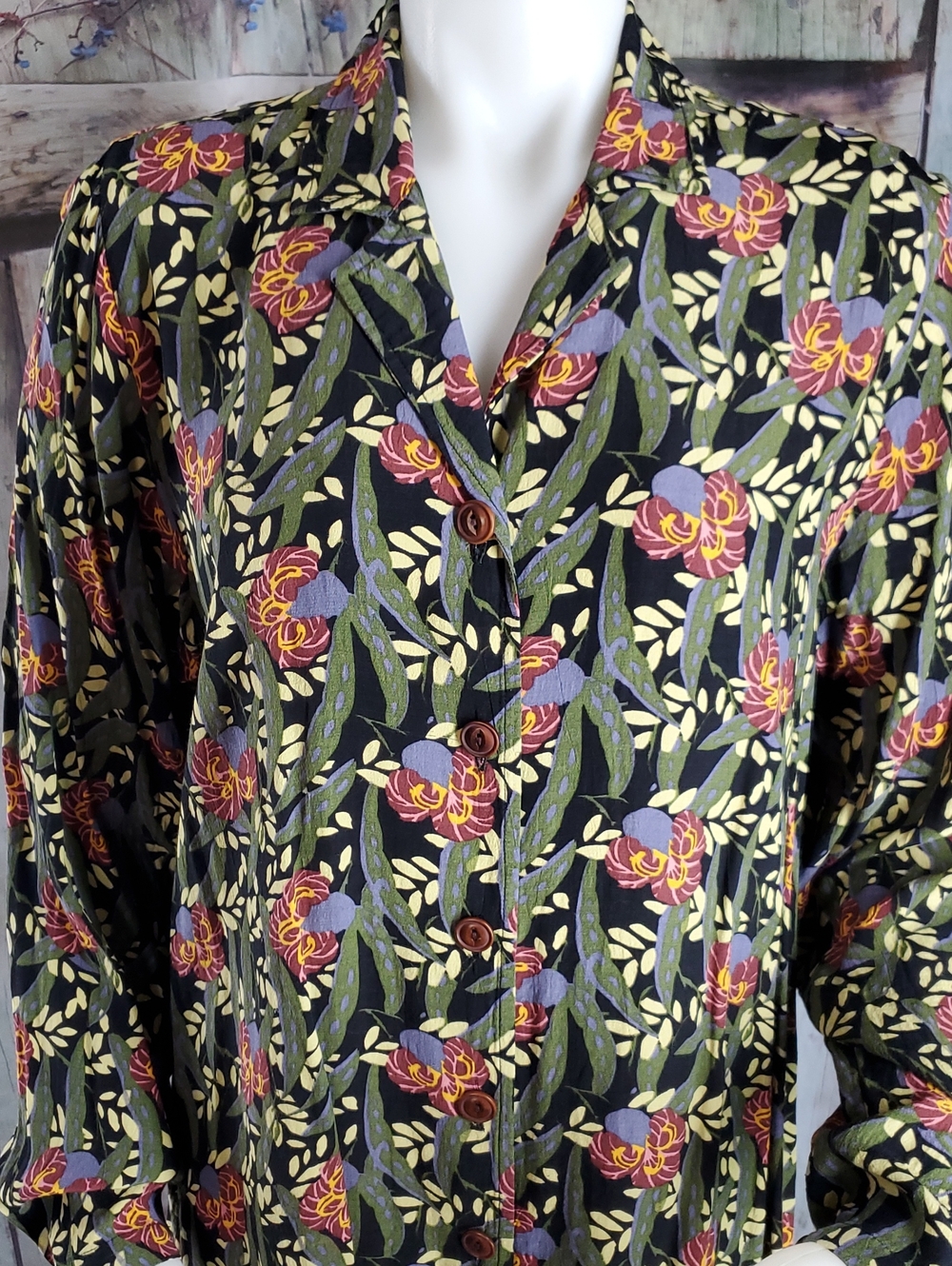 Flax Jeanne Engelhart Print Blouse S Rayon Long Sleeve